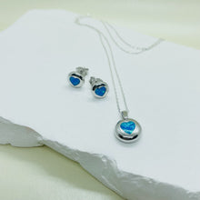 Load image into Gallery viewer, Sterling Silver Synthetic Blue Opal Heart Inlay Flat ball Stud Earrings
