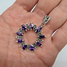 Load image into Gallery viewer, 925 Sterling Silver Marcasite Amethyst CZ Wreath Pendant 1 3/8 (35mm) Inch Tall
