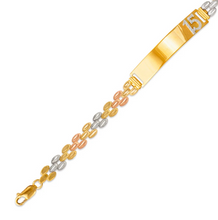 Load image into Gallery viewer, 14K Tri Color Gold Faceted D/C 15 Anos ID Bracelet 6mm Wide 8mm Center 7" Chain
