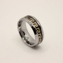 Load image into Gallery viewer, Tungsten Carbide Flat Yellow Greek Key Inlay Beveled Edge Wedding Band Ring 8mm
