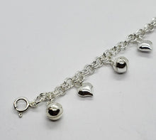 Load image into Gallery viewer, Sterling Silver Anklet Bracelet with Hearts and Bells 7, 8, 10 inch Spring Clasp
