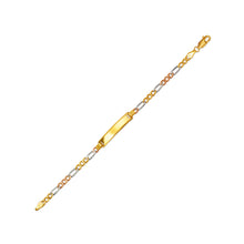Load image into Gallery viewer, 14K Tricolor Gold 5mm ID Bracelet 3mm Figaro Chain 6" Engraving Available
