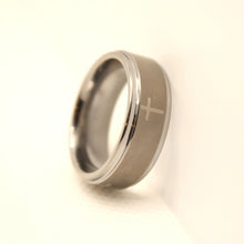 Load image into Gallery viewer, Tungsten Carbide Etched Cross Satin Finish Recessed Edges Wedding Band Ring 8mm
