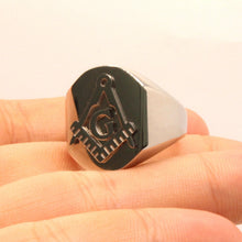 Load image into Gallery viewer, Stainless Steel Masonic Letter G Hand Square and Compass Signet Ring 3/4 Inch
