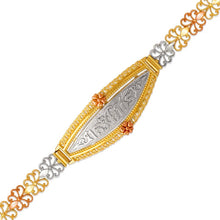 Load image into Gallery viewer, 14K Tri Color Gold Faceted Diamond Cut 15 Anos ID Bracelet 7mm Wide 7" Chain
