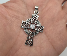 Load image into Gallery viewer, 925 Sterling Silver Large Celtic Cross with CZ Pendant 1 1/2 (38mm) Inch Tall
