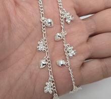 Load image into Gallery viewer, 925 Sterling Silver Figaro Link Anklet with Dangling Hearts and Teddy Bear 14mm

