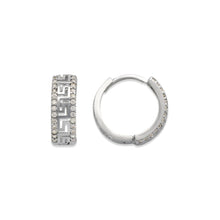 Load image into Gallery viewer, 14K Yellow / White Gold Earrings Sparkling Accents Huggies Hoop Greek Key 5x14mm
