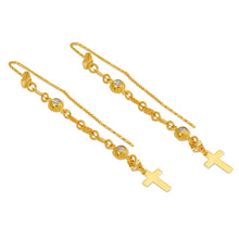 Load image into Gallery viewer, 14K Yellow Gold Dangle Threader Earrings Heart Cross Geometric Chain 7mmX76mm
