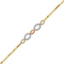 Load image into Gallery viewer, 14K Tricolor Gold 7mm Center, 1mm Ladies Bracelet High Polished Fancy Chain
