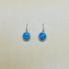 Load image into Gallery viewer, Sterling Silver Synthetic Opal Dangle Earrings Round Cabochon Engraved Bezel Set
