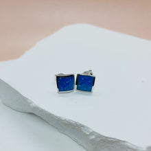 Load image into Gallery viewer, Sterling Silver Synthetic Blue Opal Square Stud Earrings

