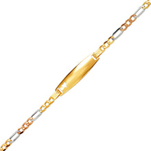 Load image into Gallery viewer, 14K Tricolor Gold 5.6mm Baby ID 3mm Figaro Chain Heart Bracelet 6" Engraving
