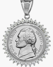 Load image into Gallery viewer, Sterling Silver Cubic Zirconia Nickel Bezel Black White CZ Halo 22mm Coin 5 Cent
