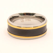 Load image into Gallery viewer, Stainless Steel Flat Black Center w/ Double Golden Stripes Wedding Band Ring 8mm
