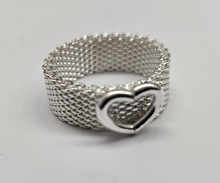 Load image into Gallery viewer, Sterling Silver Heavy Mesh Ring 10mm Wedding Band with 8mm Wide Heart Size 5-11
