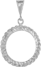 Load image into Gallery viewer, Sterling Silver Quarter Dollar Bezel 24mm Rope Edge Coins Prong Back Diamond Cut
