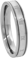 Load image into Gallery viewer, Titanium Wedding Band Roman Numeral Ring Grooved Flat Edges 4.5mm
