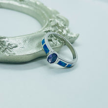 Load image into Gallery viewer, Small Sterling Silver Blue Synthetic Opal Band Ring for Women Oval Shape

