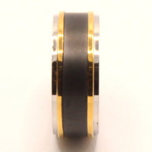 Load image into Gallery viewer, Stainless Steel Flat Black Center w/ Double Golden Stripes Wedding Band Ring 8mm
