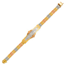 Load image into Gallery viewer, 14K Tri Color Gold Faceted Diamond Cut Bracelet 7mm 7" Chain 18mm Center 15 Anos
