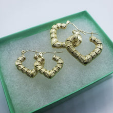 Load image into Gallery viewer, Authentic 10K Yellow Gold Door Knocker Heart Bamboo Hoop Earrings 2 Sizes
