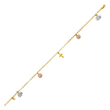 Load image into Gallery viewer, 14K Tricolor Gold Religious Charm Bracelet Anklet 2mm Link 14mm Charm 10" Chain
