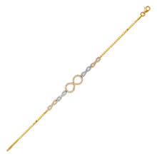 Load image into Gallery viewer, 14K Tricolor Gold 9mm Center, 1mm Ladies Bracelet High Polished Fancy Chain
