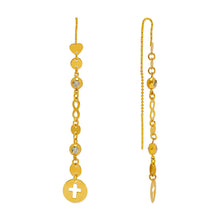 Load image into Gallery viewer, 14K Yellow Gold Dangle Threader Earrings Heart Cross Geometric Chain 10x74mm
