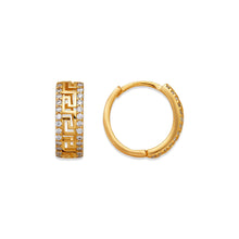 Load image into Gallery viewer, 14K Yellow / White Gold Earrings Sparkling Accents Huggies Hoop Greek Key 5x14mm
