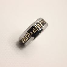 Load image into Gallery viewer, Tungsten Carbide Flat Yellow Greek Key Inlay Beveled Edge Wedding Band Ring 8mm
