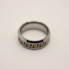 Load image into Gallery viewer, Tungsten Carbide Flat Yellow Greek Key Inlay Beveled Edge Wedding Band Ring 8mm
