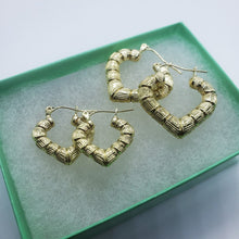 Load image into Gallery viewer, 10K Yellow Gold Door Knocker Heart Bamboo Hoop Earrings 2 Sizes
