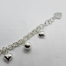 Load image into Gallery viewer, Sterling Silver Anklet Bracelet with Hearts and Bells 7, 8, 10 inch Spring Clasp
