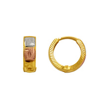Load image into Gallery viewer, 14K Real Gold Tri-Color Diamond Cut Small Round Hinged Hoop 5mm Huggie Earrings
