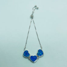 Load image into Gallery viewer, Sterling Silver Synthetic Opal 3-Linked Hearts Bolo Bracelet for Women CZ Halo

