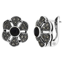 Load image into Gallery viewer, 925 Sterling Silver Round Black Onyx Marcasite Clip on Earrings None Pierced
