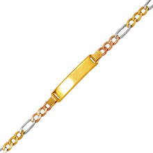 Load image into Gallery viewer, 14K Tricolor Gold 6mm ID Bracelet 4mm Figaro Chain 6" Engraving Available
