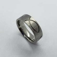 Load image into Gallery viewer, Titanium Wedding Band Christian Fish 8mm Ichthys Ring Men Comfort fit size 6-14

