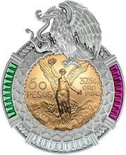 Load image into Gallery viewer, Silver TriColor Baguette Cut Mexican 50 Peso Gold Centenario Coin Bezel 37mm
