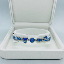 Load image into Gallery viewer, Sterling Silver Synthetic Opal Bracelet Round &amp; Trapezoid links Hand Inlay
