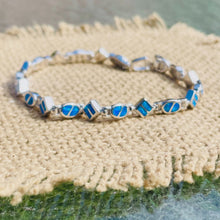 Load image into Gallery viewer, Sterling Silver Synthetic Opal Dainty Bracelet oval and Square Links Hand Inlay
