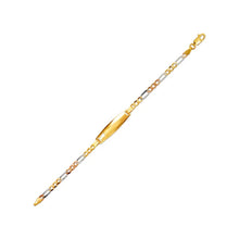 Load image into Gallery viewer, 14K Tricolor Gold 5.6mm Baby ID 3mm Figaro Chain Heart Bracelet 6" Engraving
