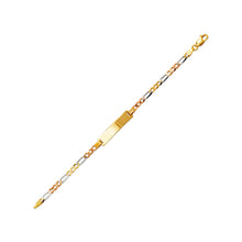 Load image into Gallery viewer, 14K Tricolor Gold 6mm Kids Square ID 3mm Figaro Chain Bracelet 6" Engraving
