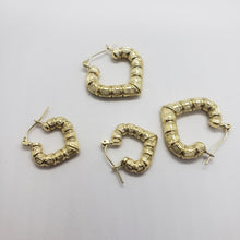 Load image into Gallery viewer, 10K Yellow Gold Door Knocker Heart Bamboo Hoop Earrings 2 Sizes
