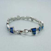 Load image into Gallery viewer, Sterling Silver Synthetic Opal Bracelet Round &amp; Trapezoid links Hand Inlay
