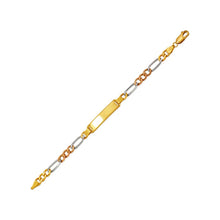 Load image into Gallery viewer, 14K Tricolor Gold 6mm ID Bracelet 5mm Figaro Chain 6" Engraving Available
