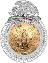 Load image into Gallery viewer, Silver TriColor CZ 37mm Centenario 50 Peso Gold Coin Bezel Mexican Coat of Arms
