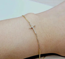 Load image into Gallery viewer, 14K Gold Rolo Chain with Diamonds Side Cross  Bracelet Anklet Necklace Handmade
