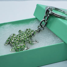 Load image into Gallery viewer, Jeweled Frog Key Chain Crystal Key Ring Green Peridot Colored 3 1/2 inches long
